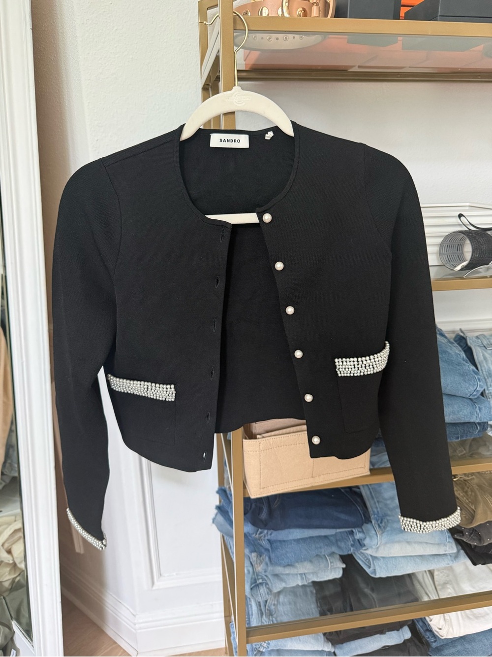Sandro Black Cropped Jacket with Pearl Trim